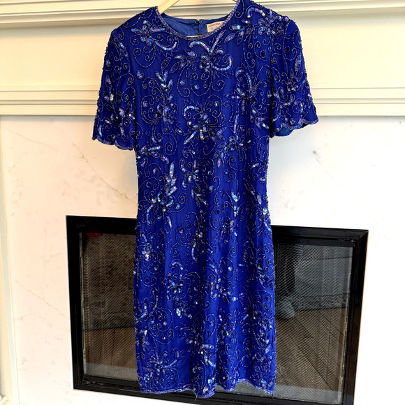 VTG ADRIANNA PAPELL DRESS 14 SILK BEADED BLUE FLORAL SEQUIN COCKTAIL RETRO SZ 6 - Picture 7 of 9